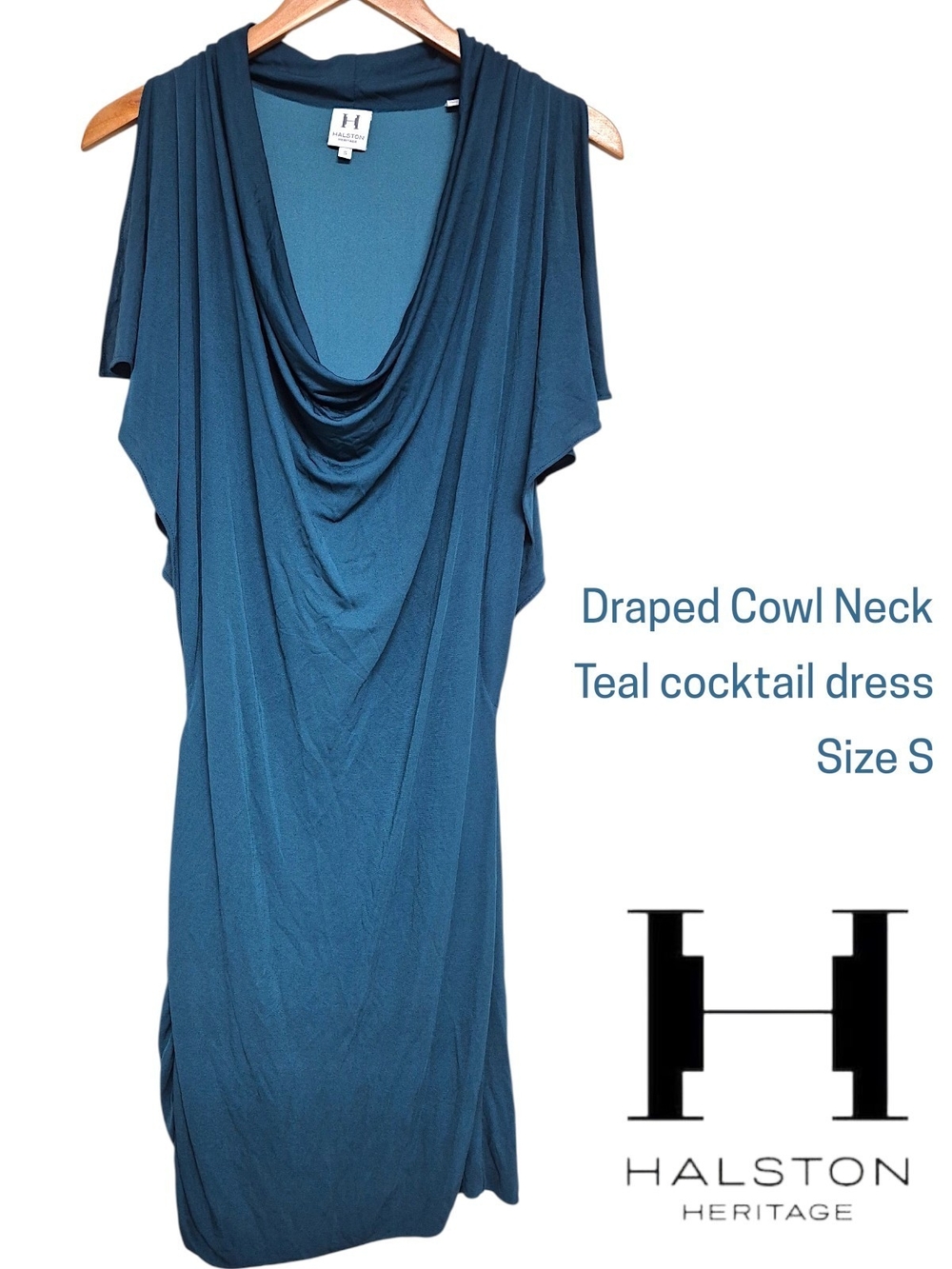 Halston Heritage NWT Teal Draped Cowl Neck, Rouched Side Cocktail Dress Size S